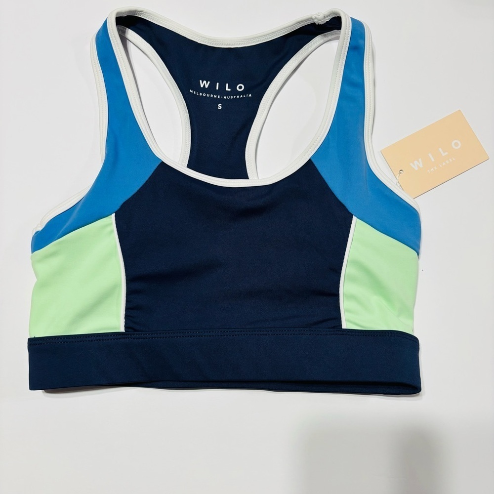 Wilo The Label Racer Panel Sports‎ Bra Navy Blue Turquoise Lime Green Small NWT
